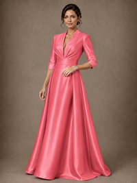 V-Neck Pleated Satin Mother of the Bride Gown with 3/4 Sleeves