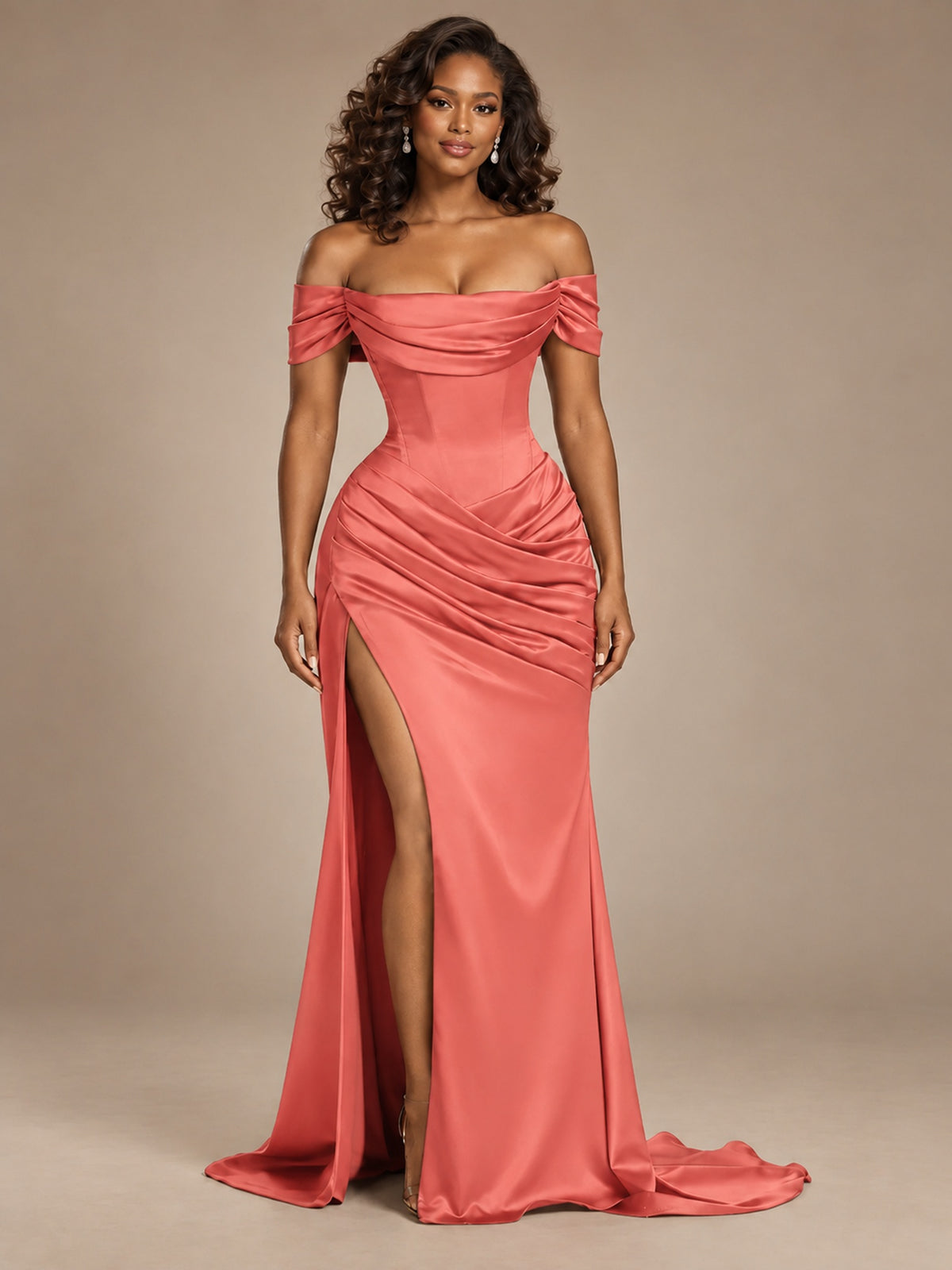 Burgundy Off-the-Shoulder Satin Corset Prom Dress with Slit