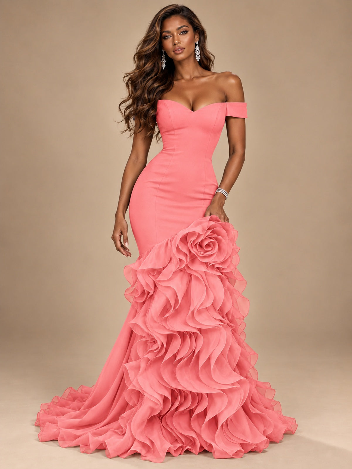 Dusty Blue Off-the-Shoulder Mermaid Prom Dress with 3D Rose & Ruffles