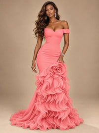 Dusty Blue Off-the-Shoulder Mermaid Prom Dress with 3D Rose & Ruffles