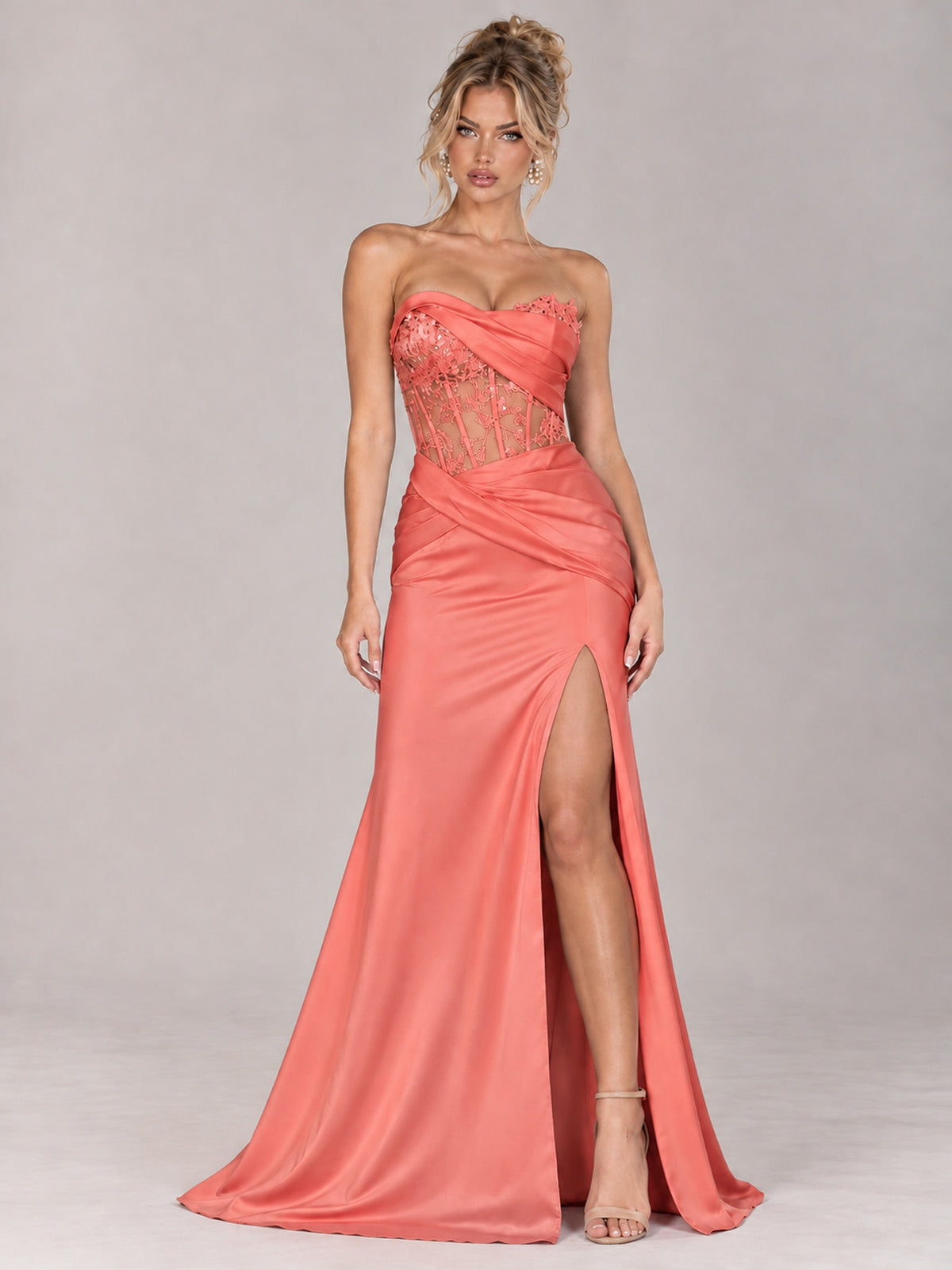Strapless Satin Prom Dress with Sheer Lace Corset & High Slit