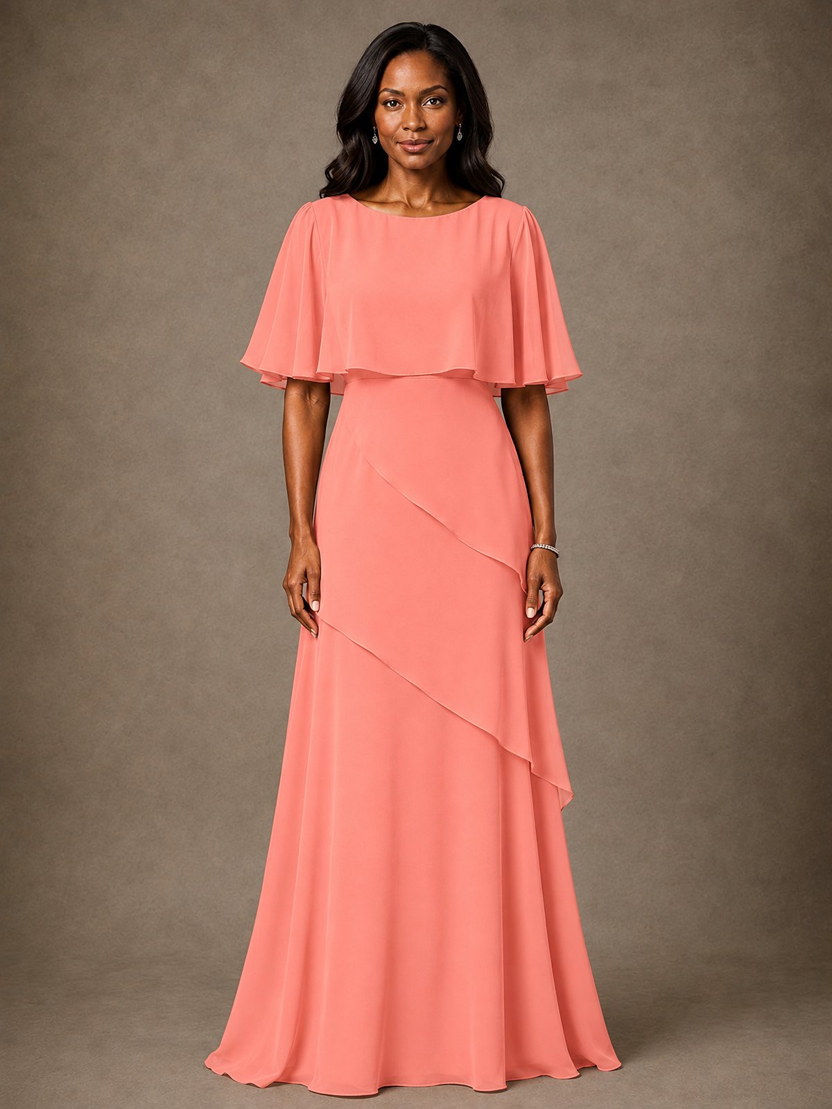 Taupe Chiffon A-Line Mother of the Bride Dress with Cape Sleeves