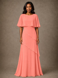 Taupe Chiffon A-Line Mother of the Bride Dress with Cape Sleeves