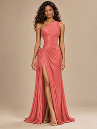 Burgundy One Shoulder Ruched Prom Dress with High Slit & Beaded Waist
