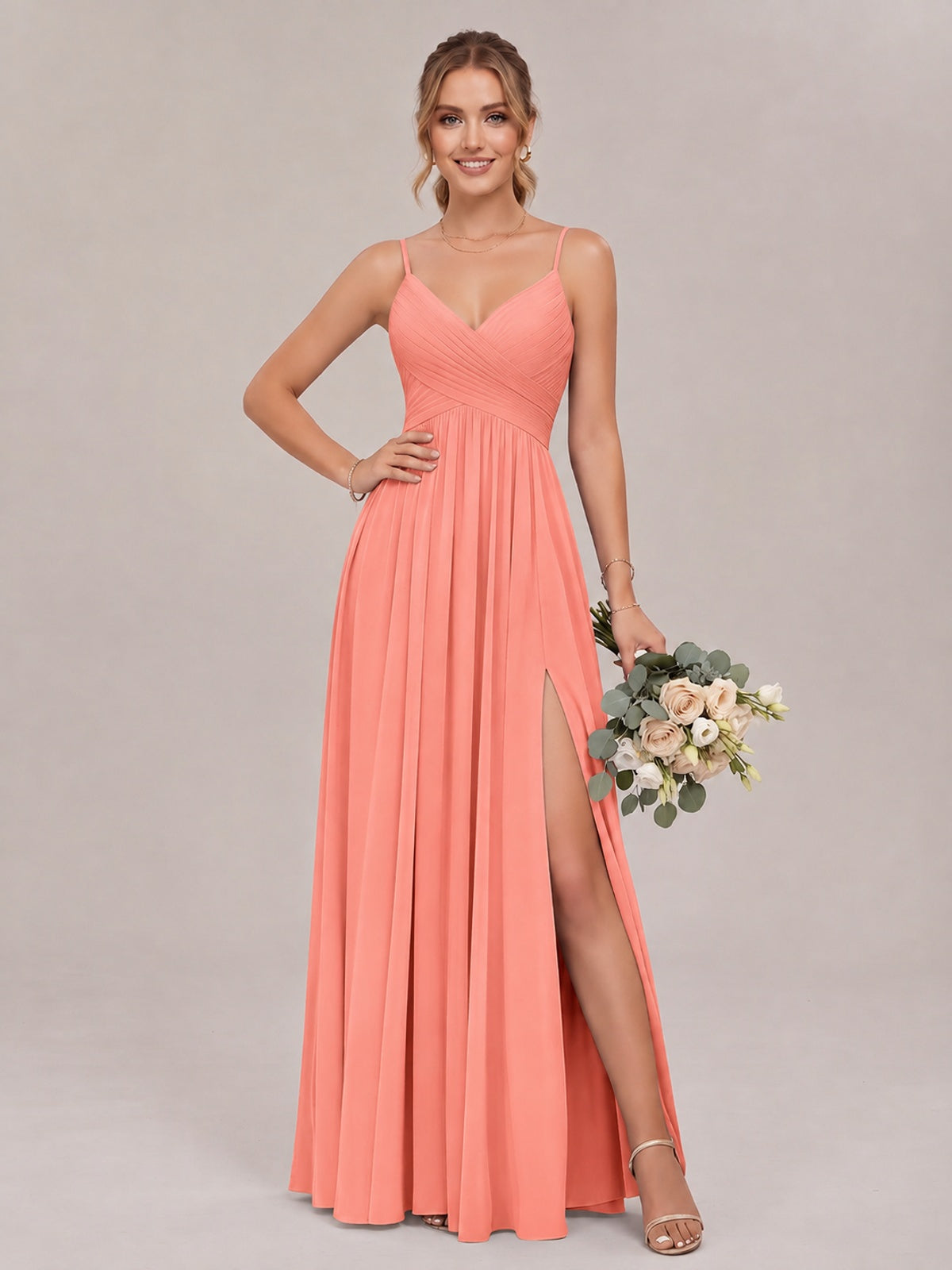 Coral Spaghetti Straps Pleated Chiffon Bridesmaid Dress with Slit V-Neck A-line Long Formal Evening Wedding Guest Gown