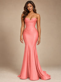 Red Strapless Satin Mermaid Prom Dress with Corset Bodice