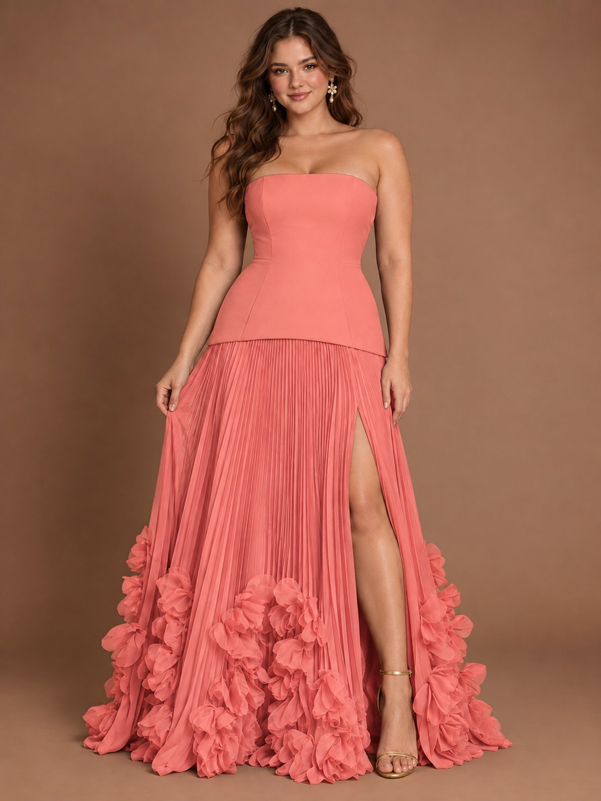 Strapless Pleated Floral Satin Formal Dress with Side Slit