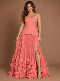 Strapless Pleated Floral Satin Formal Dress with Side Slit