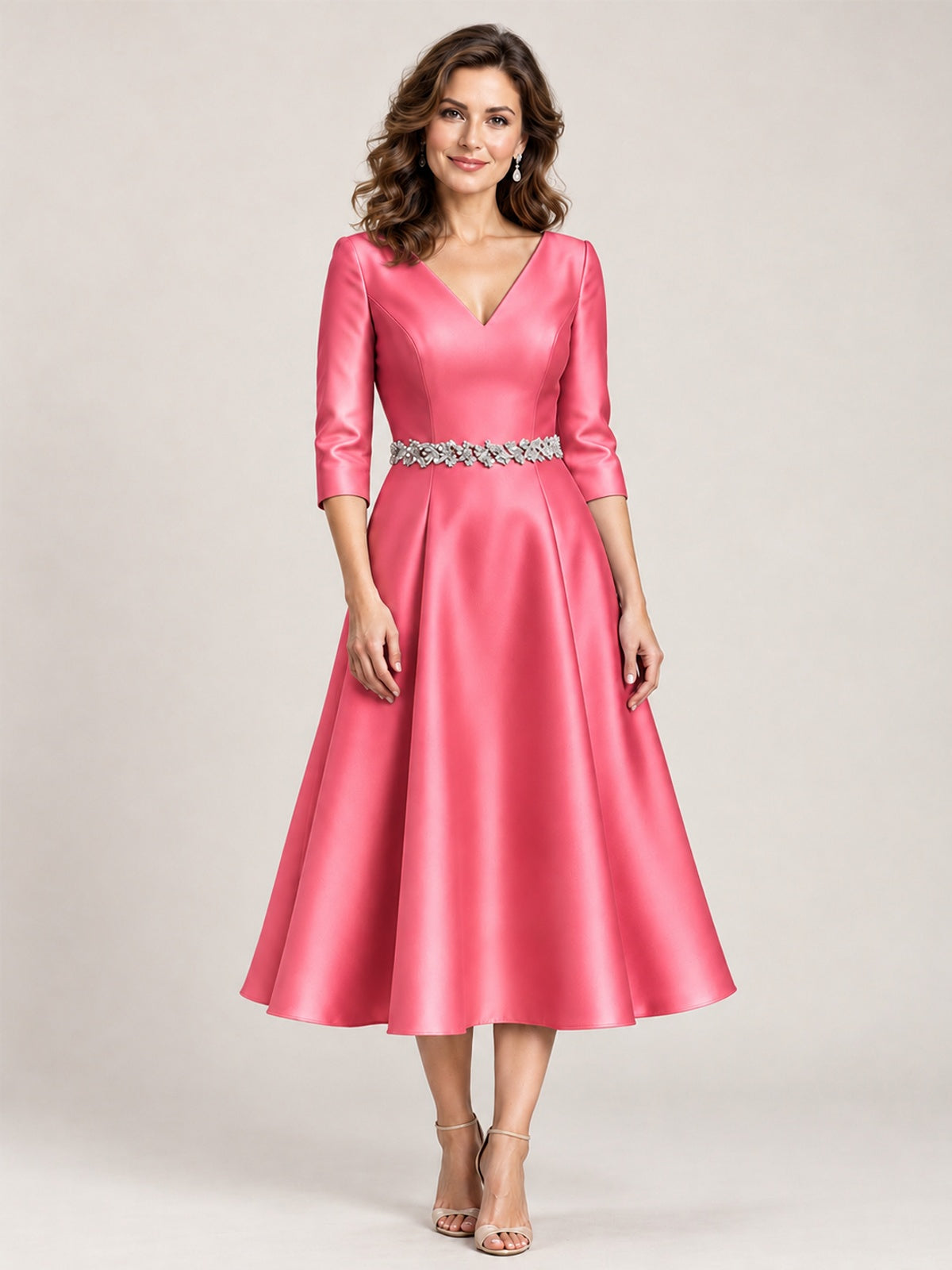 Coral V-Neck Tea-Length Mother of the Bride Dress with Embellished Waist