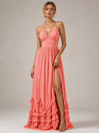 Halter V Neck Chiffon Formal Dress with Lace-Up Back and Ruffle Hem