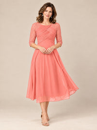 Coral-Lace Applique Pleated Tea Length Mother of The Bride Dresses
