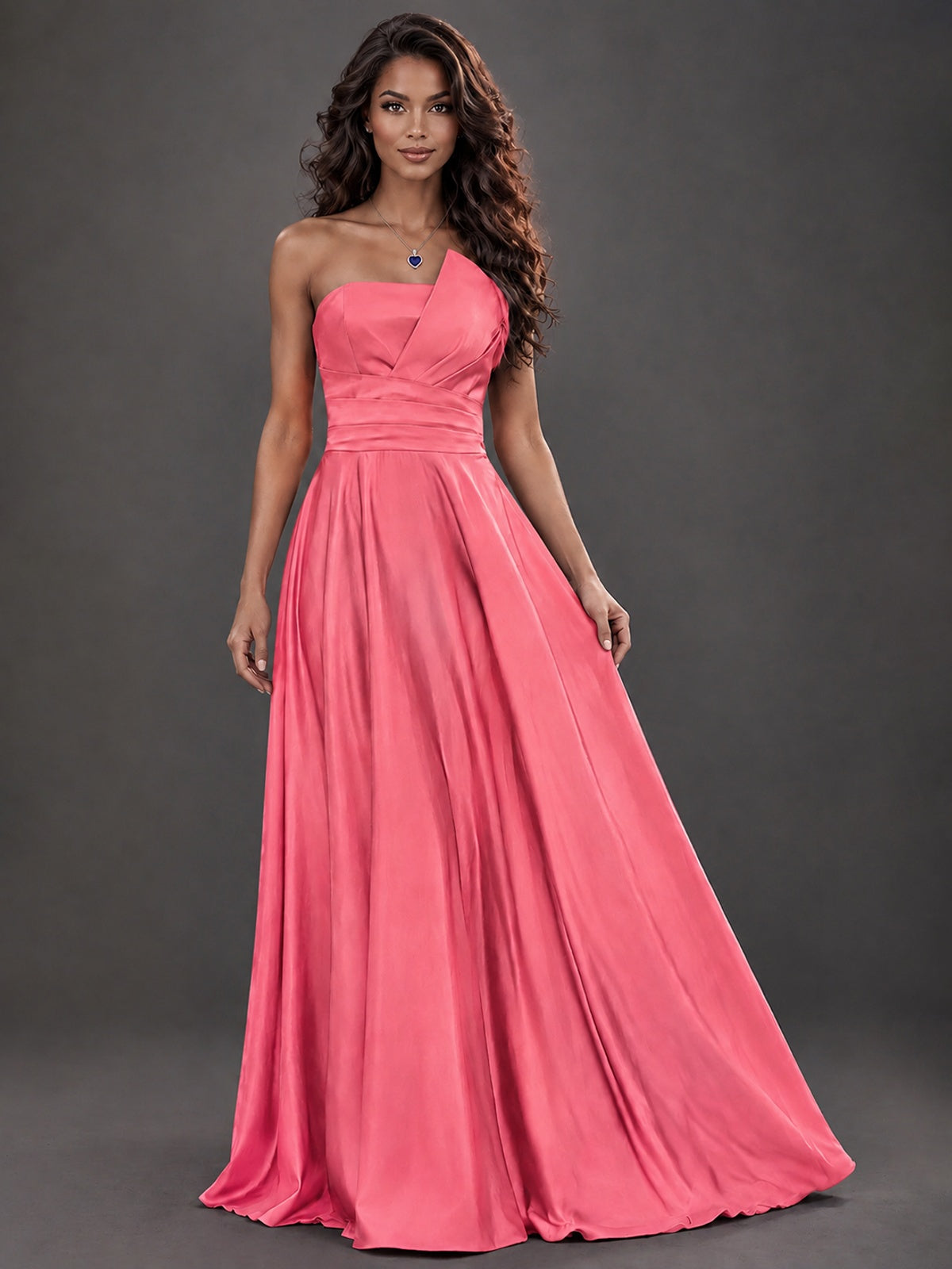 Draped Satin Prom Dress Strapless A-line Formal Dress Floor Length