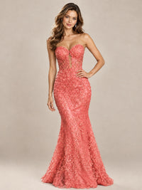 Strapless Corset Mermaid Prom Dress with Floral Lace Appliqué