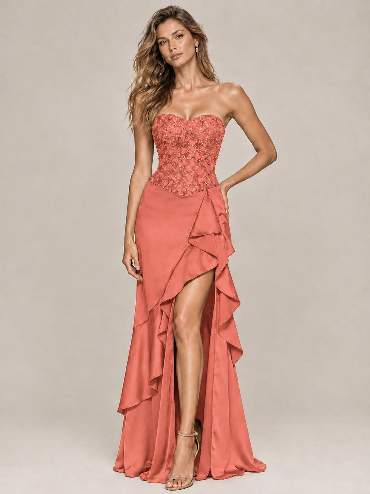 Strapless Lace Appliques Corset Satin Prom Dress Ruffle Slit Evening Gown