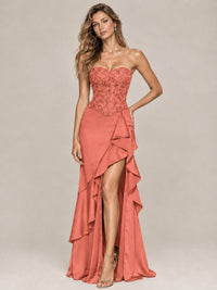Strapless Lace Appliques Corset Satin Prom Dress Ruffle Slit Evening Gown