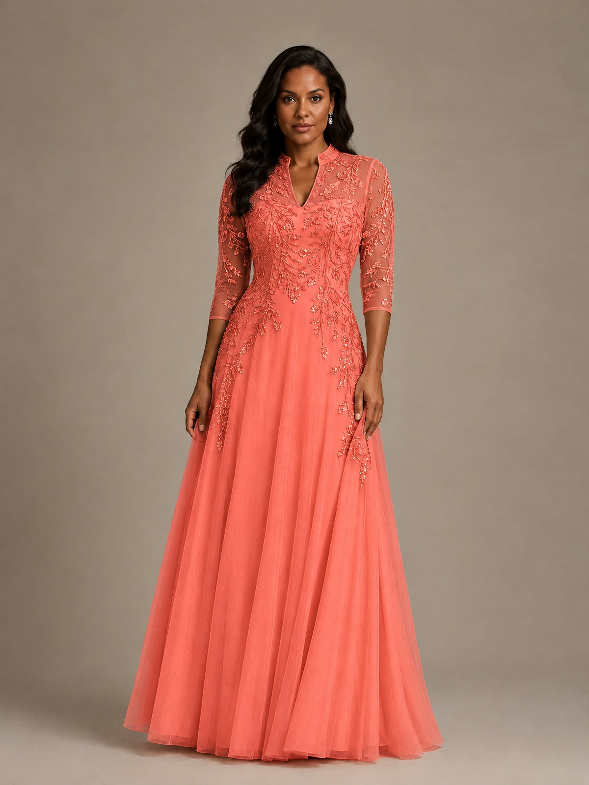 Embellished Appliques Mother of the Bride Dress with 3/4 Sleeves