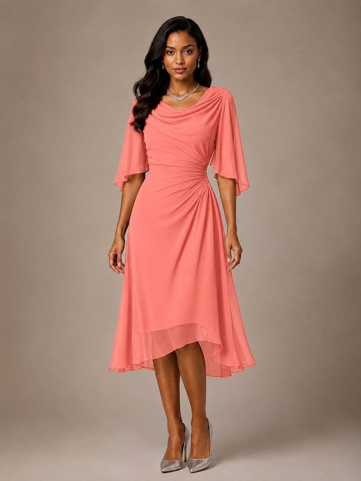Cowl Neck Ruched Chiffon Mother of the Bride Dresses with Flutter Sleeves