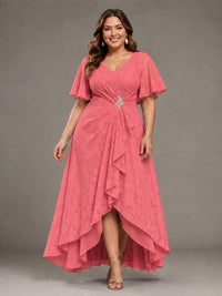 Jacquard Chiffon A-Line V-Neck High-Low Mother of the Bride Dress