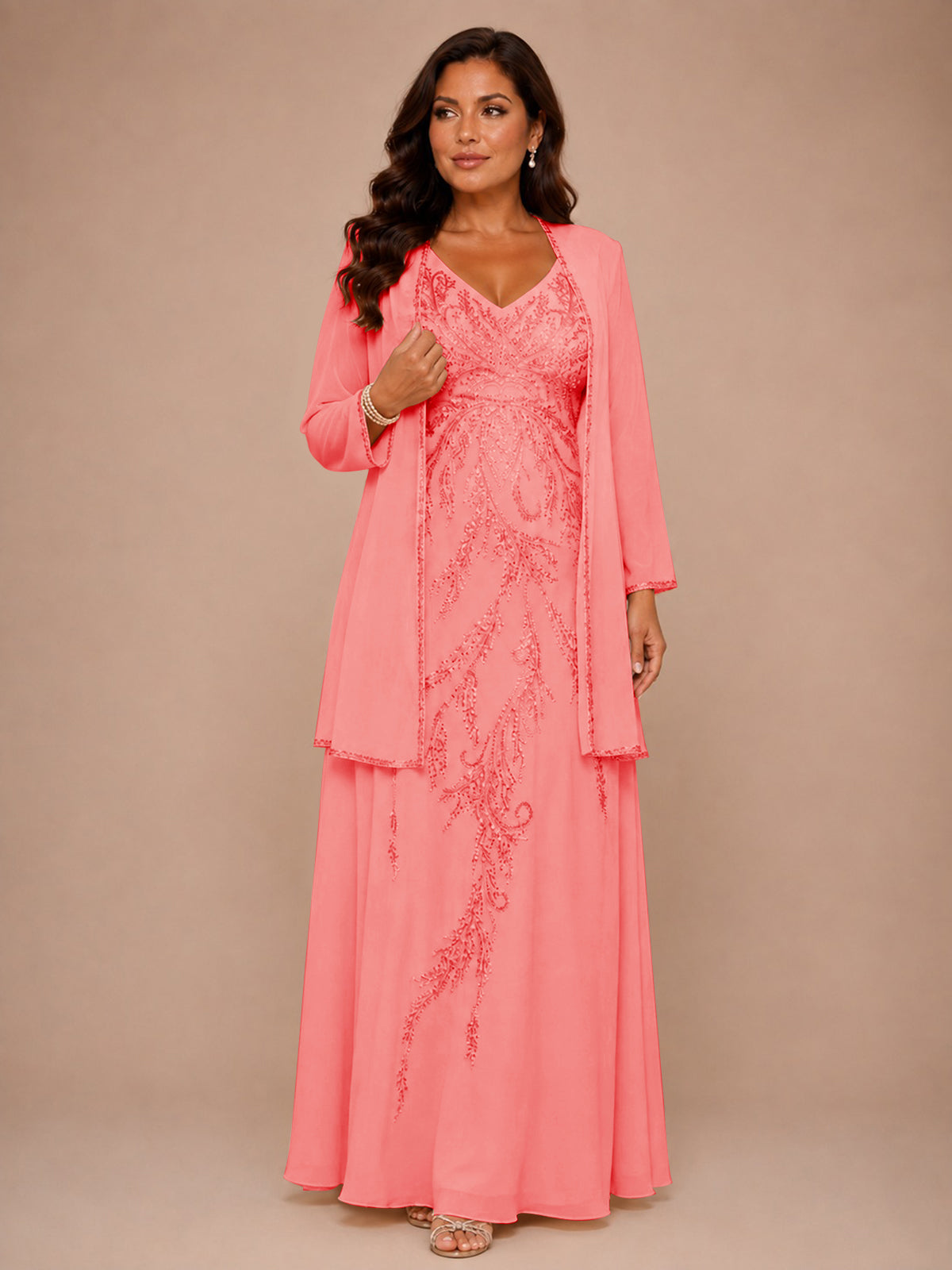 Champagne Beaded Chiffon Mother of the Bride Dress with Jacket V-Neck Gown