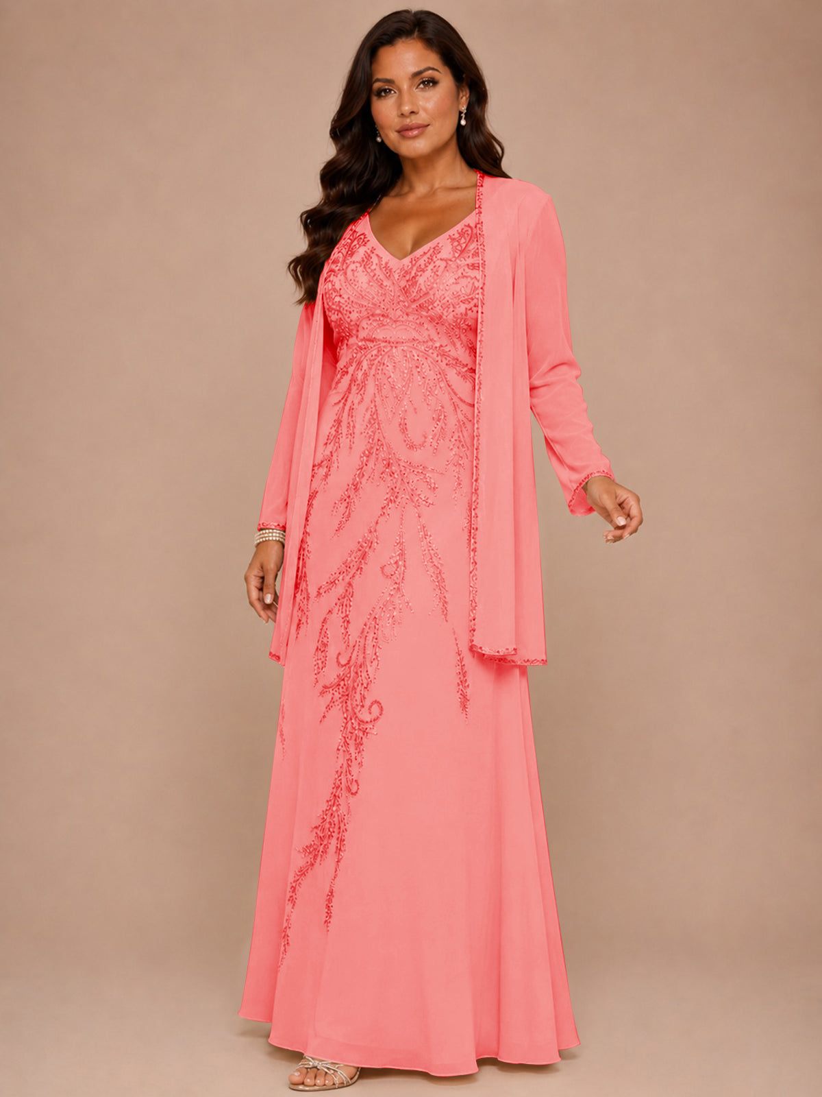 Champagne Beaded Chiffon Mother of the Bride Dress with Jacket V-Neck Gown