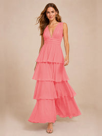 Elegant Deep V Neck Chiffon Bridesmaid Dress with Tiered Ruffles