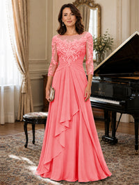 A-Line Chiffon Mother of the Bride Dress with Floral Applique 3/4 Sleeves