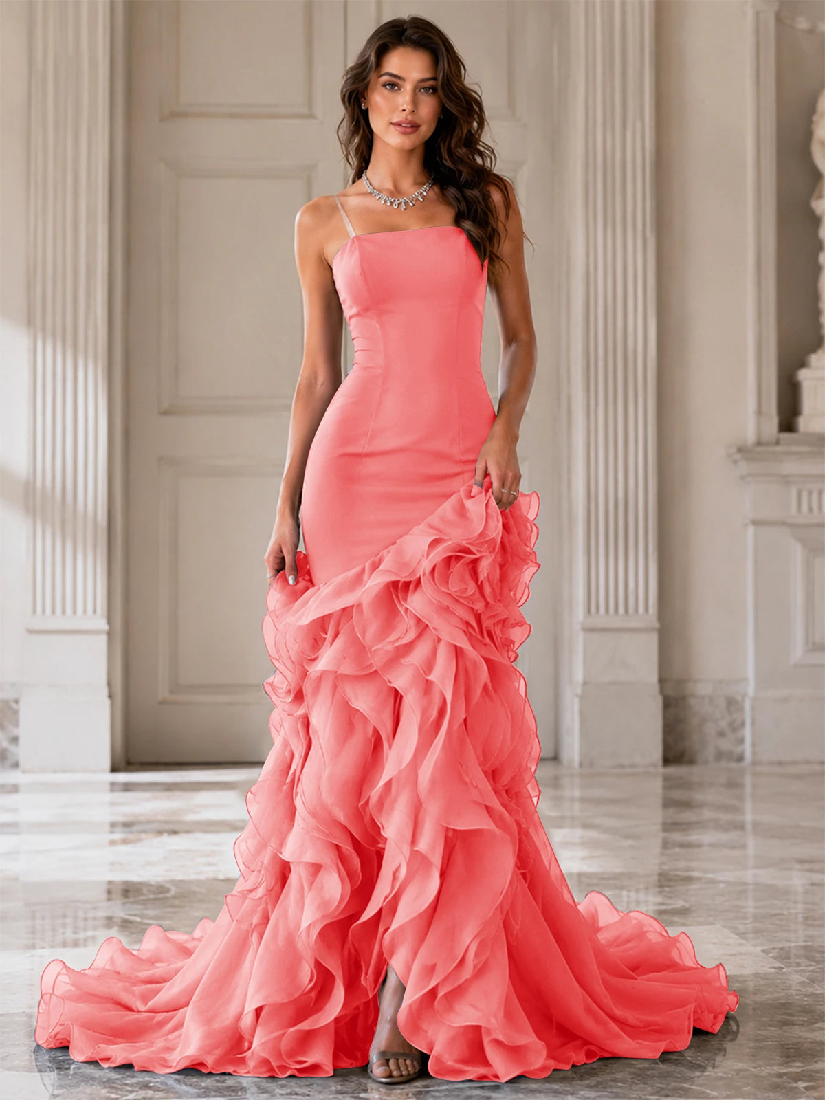 Mermaid Formal Evening Dress with Layered Ruffle Train