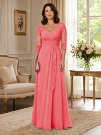 Chiffon Lace Applique Mother of the Bride Dress with 3/4 Sleeves