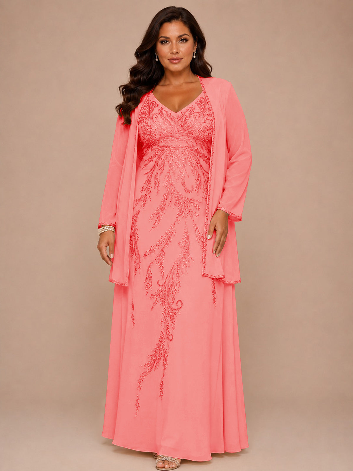 Champagne Beaded Chiffon Mother of the Bride Dress with Jacket V-Neck Gown