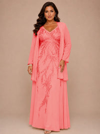 Champagne Beaded Chiffon Mother of the Bride Dress with Jacket V-Neck Gown