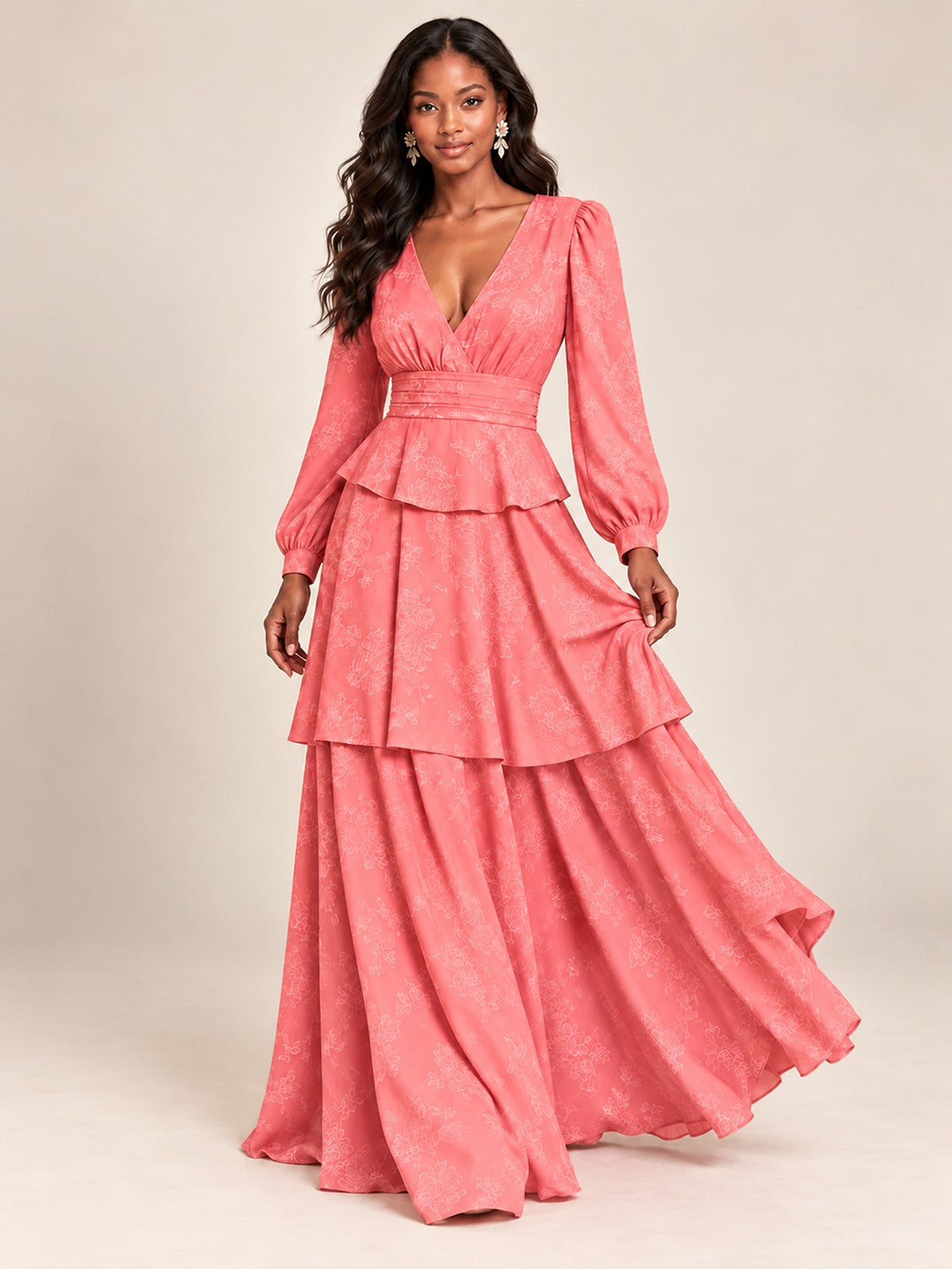 Blush Pink Floral Long Sleeve Maxi Dress