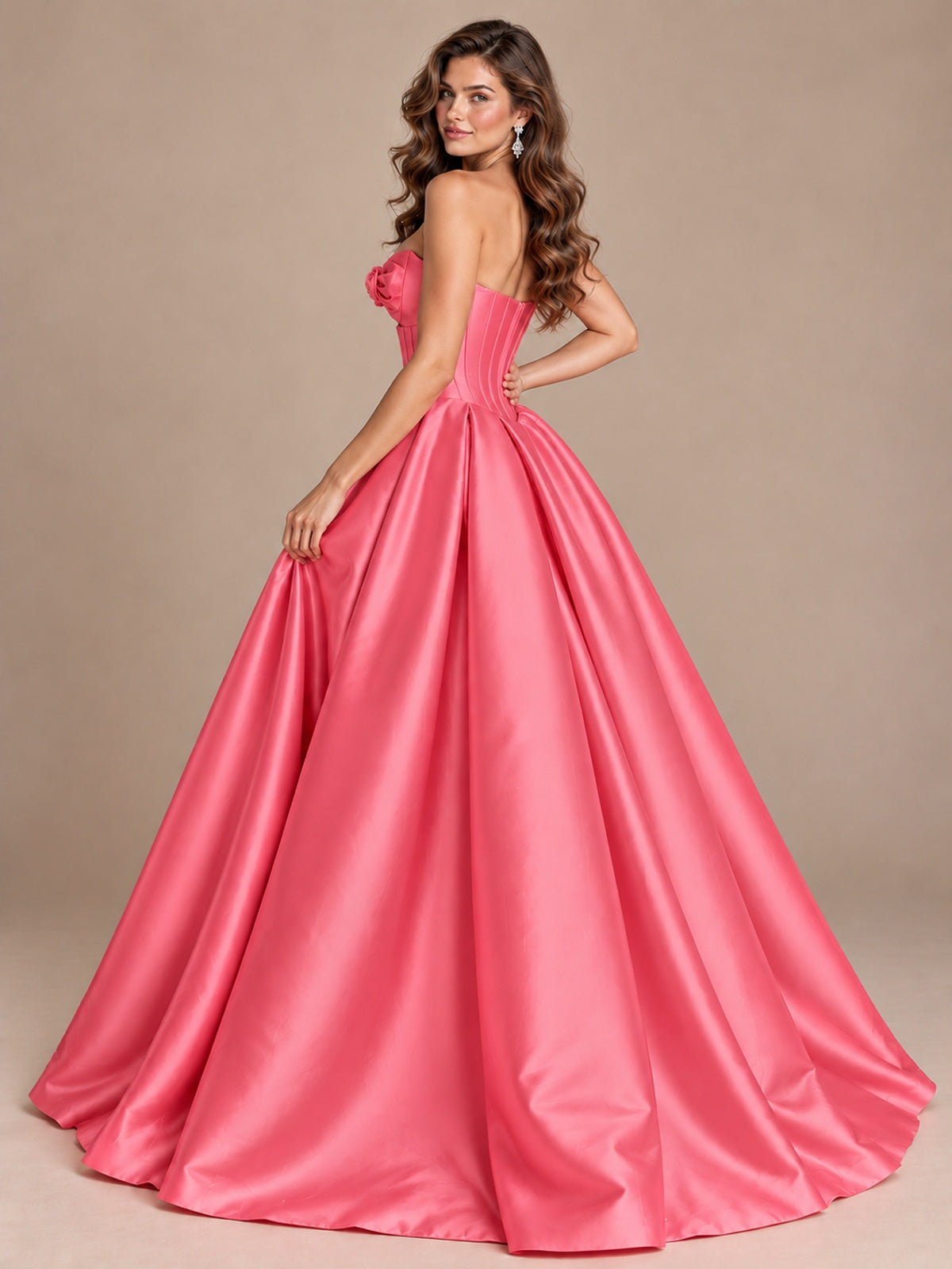 Pink Strapless Corset Satin Prom Derss & Ball Gown with 3D Floral