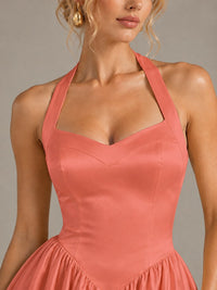 Light Yellow Halter Neck Satin A-Line Maxi Dress with Pockets