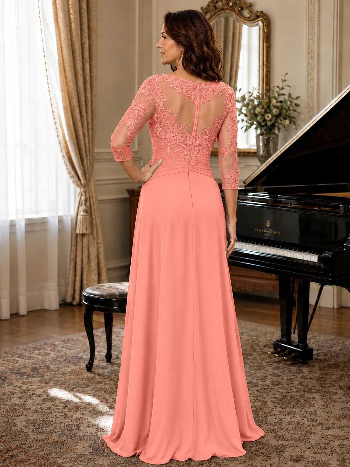 A-Line Chiffon Mother of the Bride Dress with Floral Applique 3/4 Sleeves