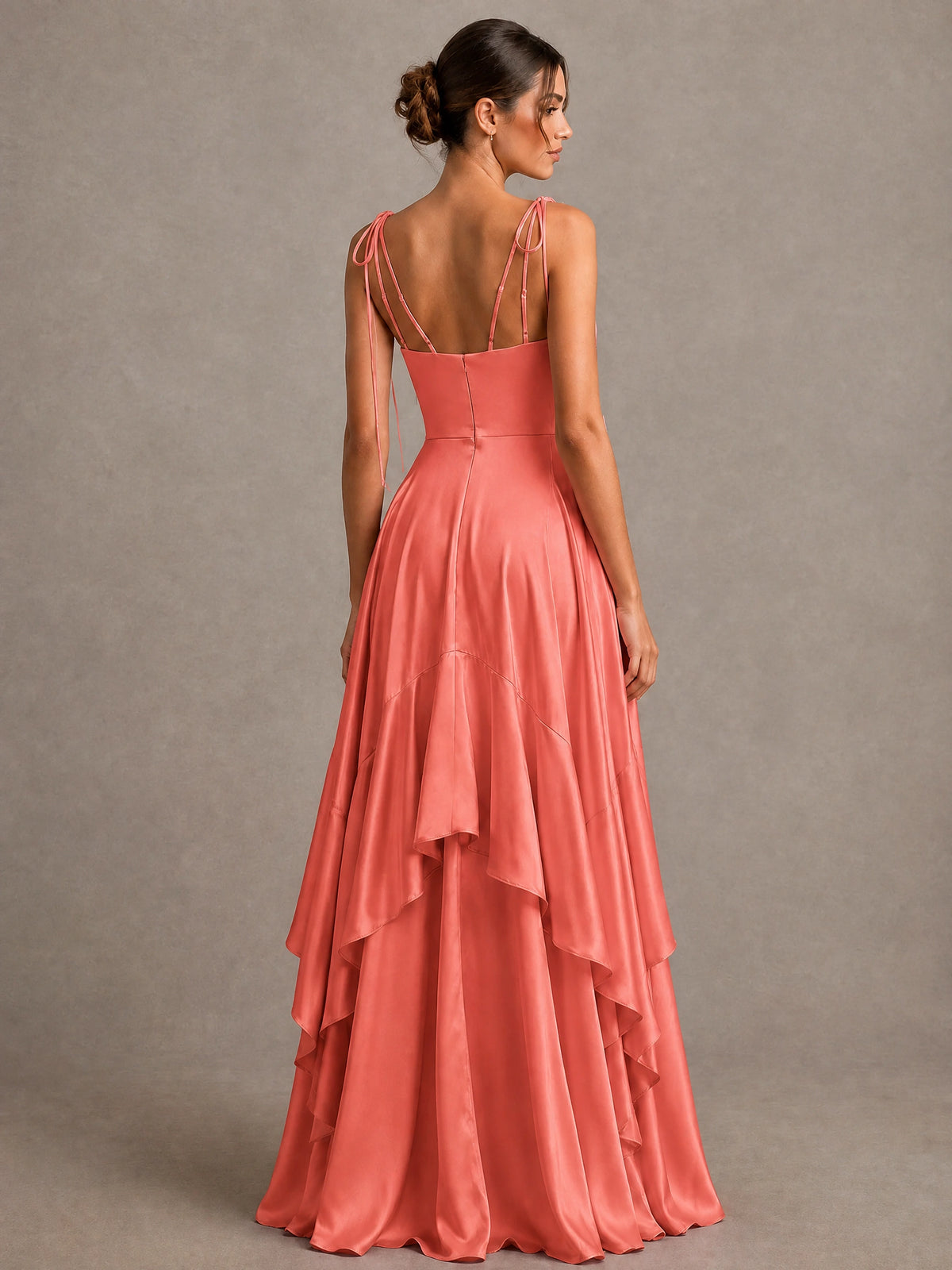 Lavender Satin V-Neck Ruffle Maxi Dress