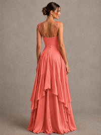 Lavender Satin V-Neck Ruffle Maxi Dress