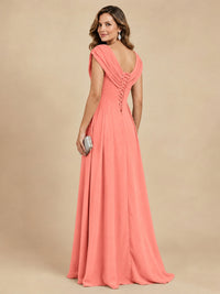 V Neck Pleated Mother of The Bride Dresses with Beading Cap Sleeves