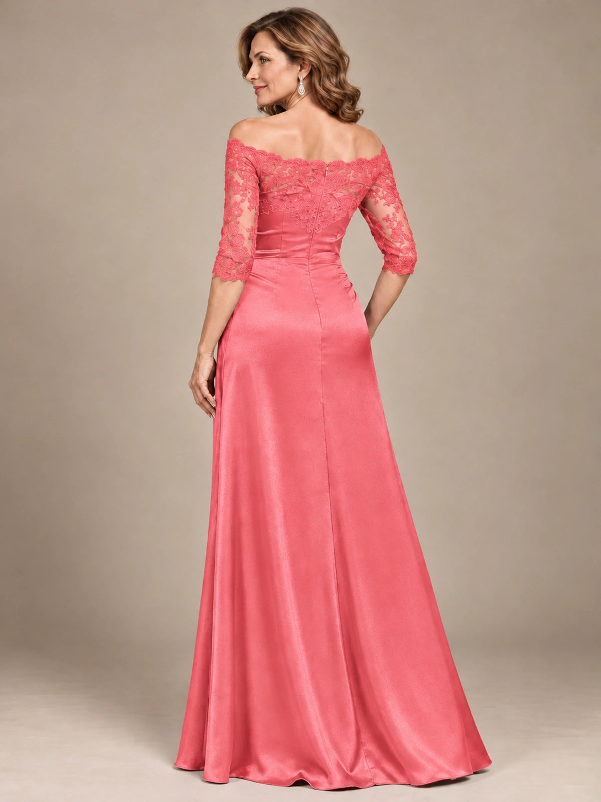 Satin Mother of the Bride Dress with Lace Sleeves Off Shoulder Formal Gown
