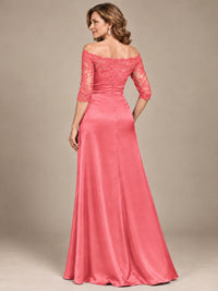 Satin Mother of the Bride Dress with Lace Sleeves Off Shoulder Formal Gown