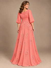 A-Line Mother of the Bride Dress with Sheer Puff Sleeves