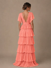 Chiffon V-Neck Tiered Ruffle Bridesmaid Dress with Slit