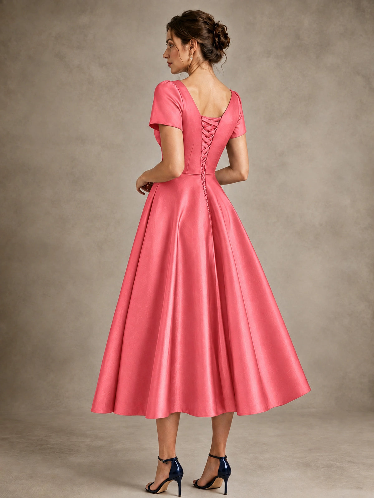 V-Neck Tea-Length Satin Mother of the Bride Dress with Bow
