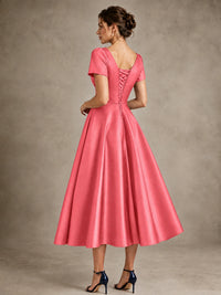 V-Neck Tea-Length Satin Mother of the Bride Dress with Bow