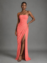 Strapless Bodycon Pleated Chiffon Formal Dress with Slit