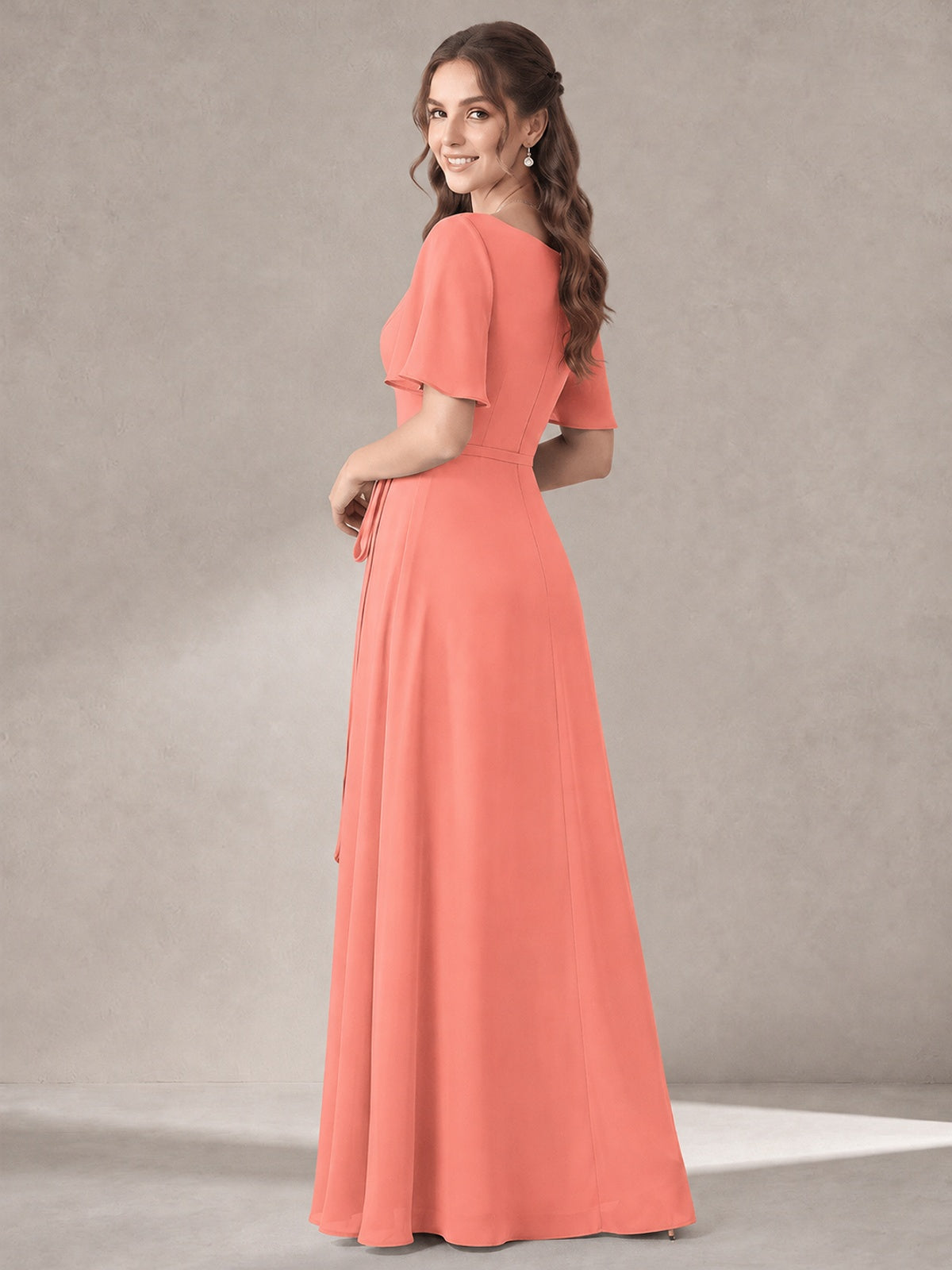 Scoop Neck A-line Chiffon Bridesmaid Dress with Flutter Sleeve & Belt