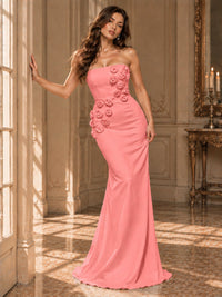 White Strapless Mermaid Maxi Dress with 3D Floral Appliques