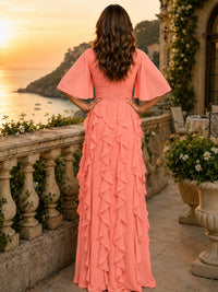 Elegant Chiffon Mother of the Bride Dress with Flutter Sleeves and Ruffle Skirt