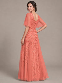 V-Neck Sequin Tulle Mother of the Bride Dress with Flutter Sleeve
