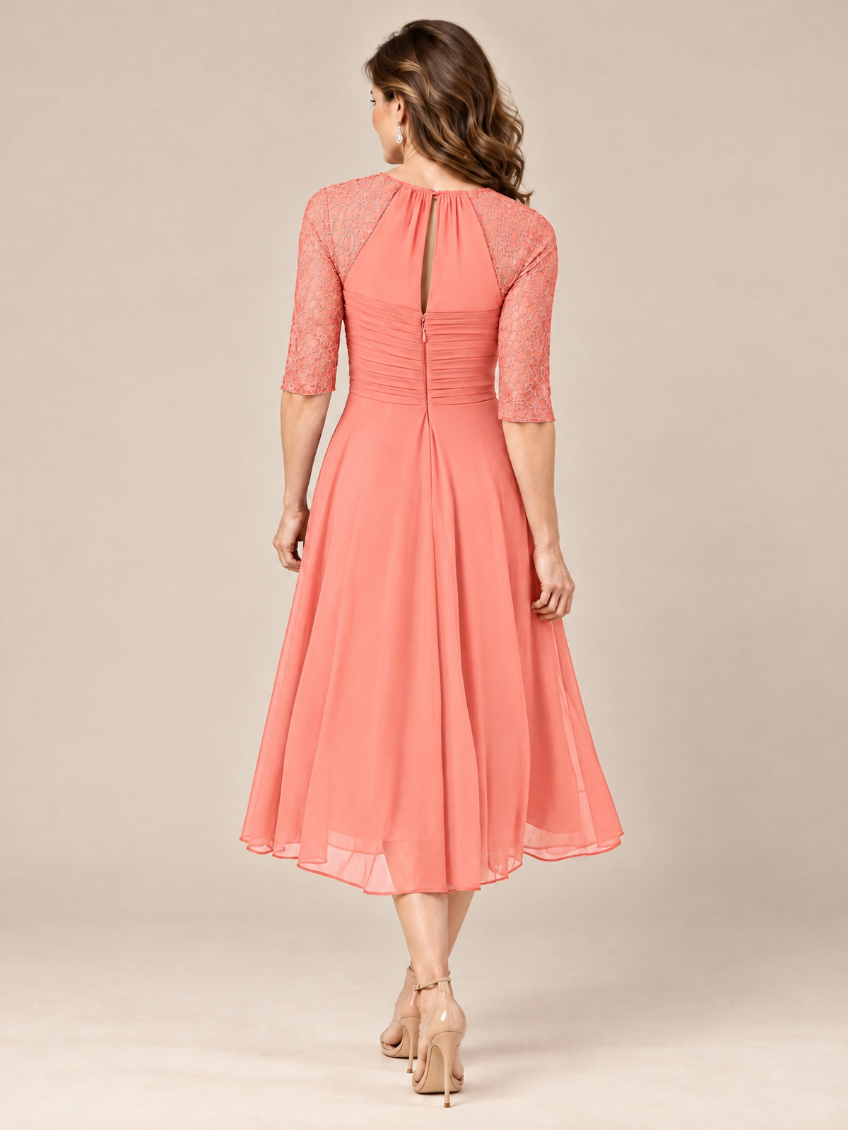 Tea-Length Mother of the Bride Dress with Lace 3/4 Sleeves
