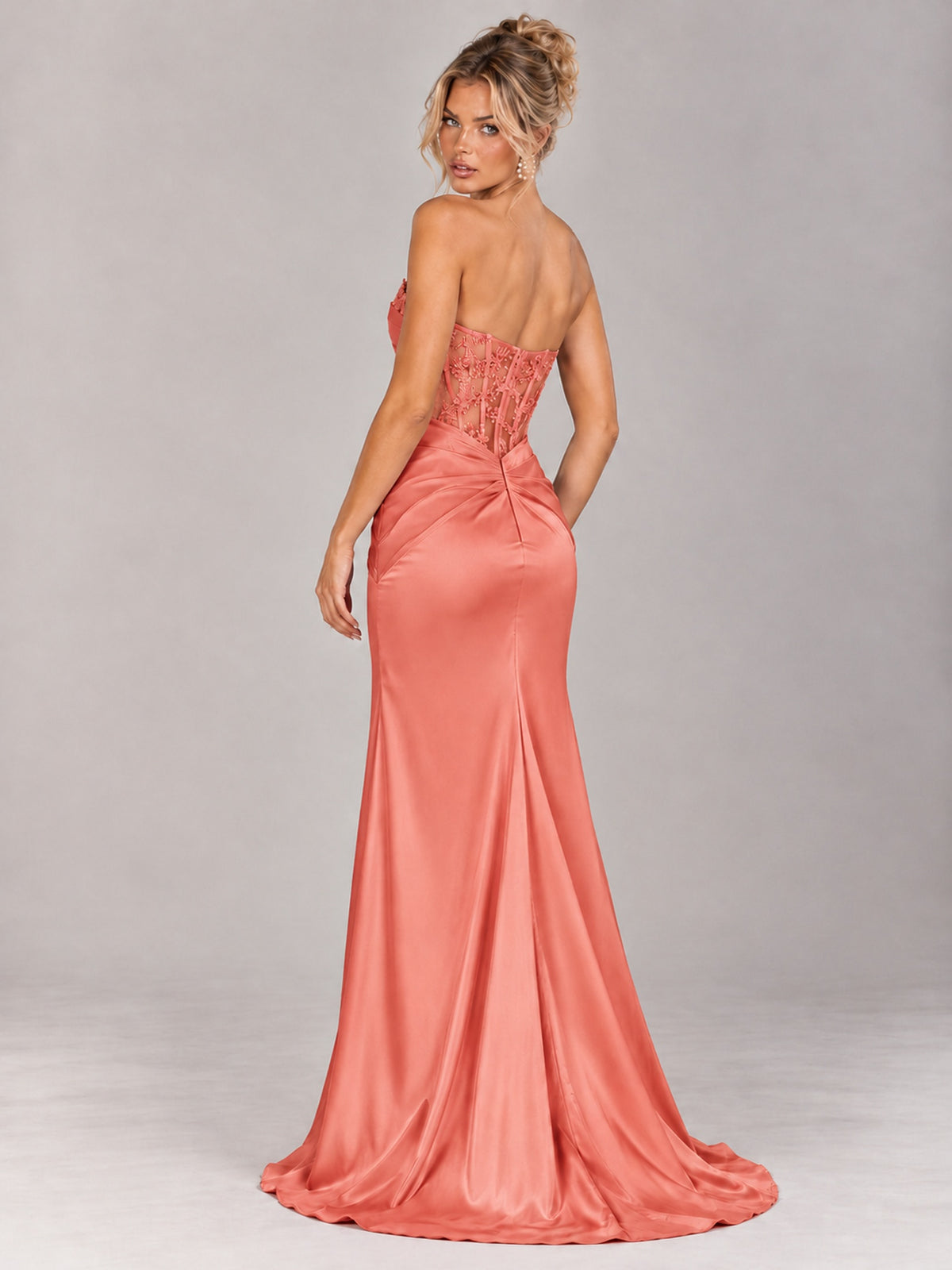 Strapless Satin Prom Dress with Sheer Lace Corset & High Slit